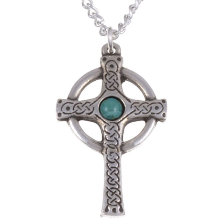 Image 1 of Ancient Knotwork Celtic Cross Turquoise Glass Stone Stylish Pewter Pendant