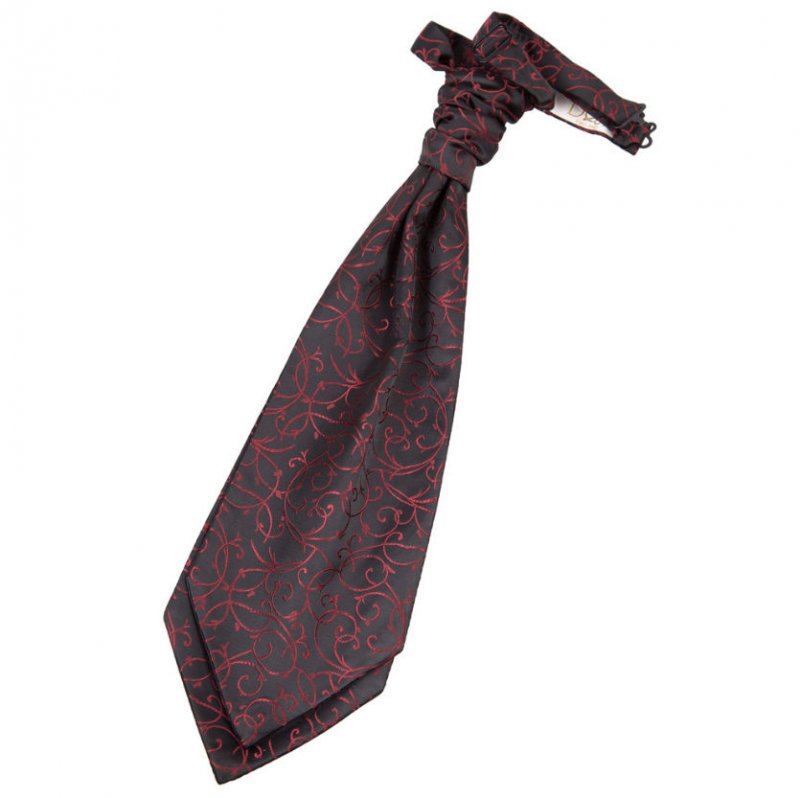 Image 1 of Black And Burgundy Mens Swirl Microfibre Pre-tied Ruche Wedding Cravat Necktie 
