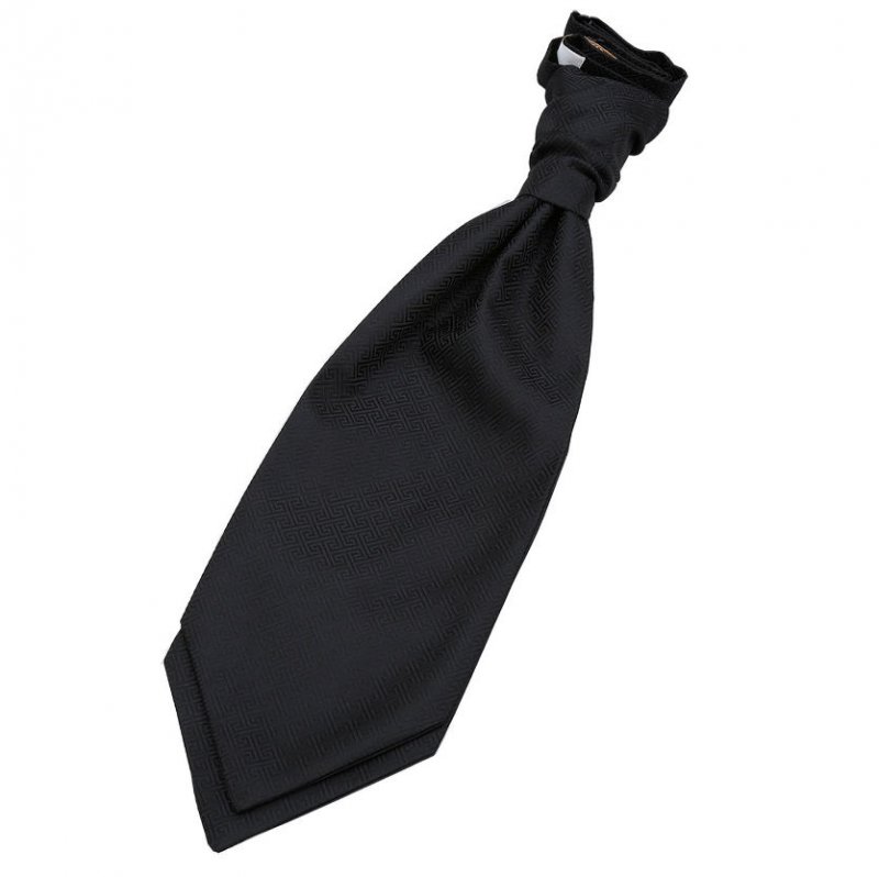 Image 1 of Black Mens Greek Key Microfibre Pre-tied Ruche Wedding Cravat Necktie 
