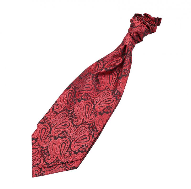 Image 1 of Black And Red Mens Paisley Microfibre Pre-tied Ruche Wedding Cravat Necktie 