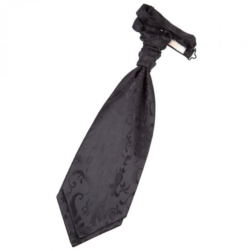 Image 1 of Black Mens Floral Microfibre Pre-tied Ruche Wedding Cravat Necktie 