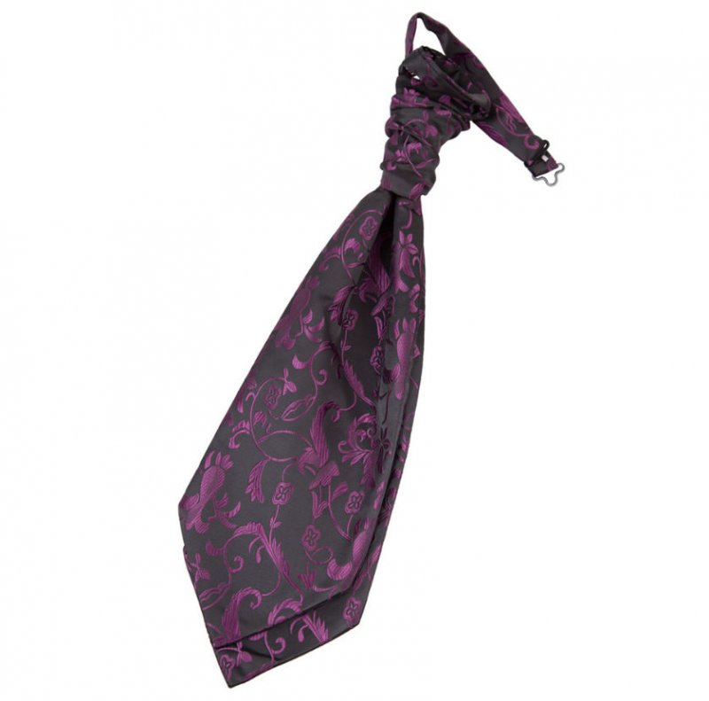 Image 1 of Black And Purple Mens Floral Microfibre Pre-tied Ruche Wedding Cravat Necktie 