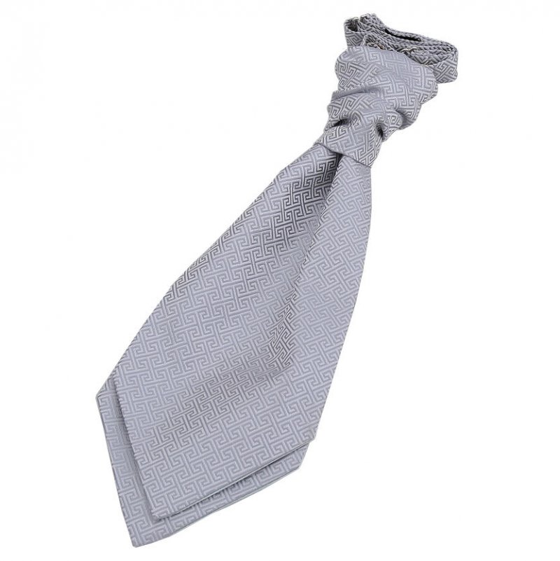 Image 1 of Silver Grey Boys Greek Key Microfibre Pre-tied Ruche Wedding Cravat Necktie 