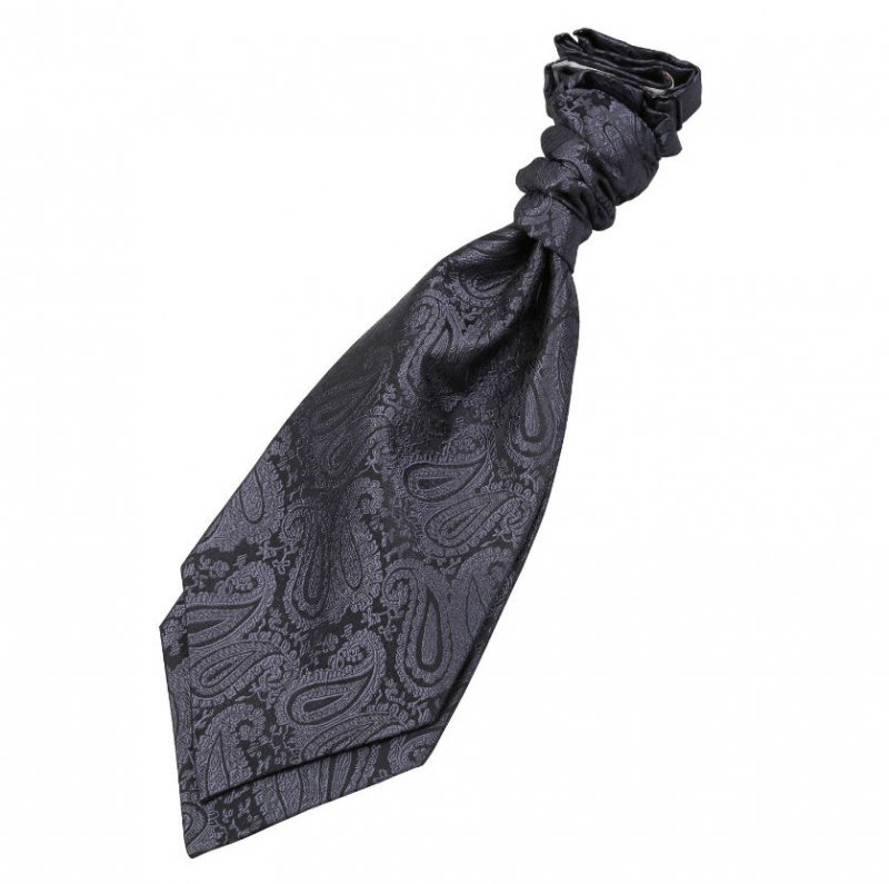 Image 1 of Charcoal Grey Boys Paisley Microfibre Pre-tied Ruche Wedding Cravat Necktie 