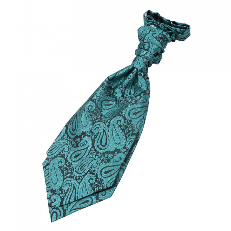 Image 1 of Teal Green Boys Paisley Microfibre Pre-tied Ruche Wedding Cravat Necktie 