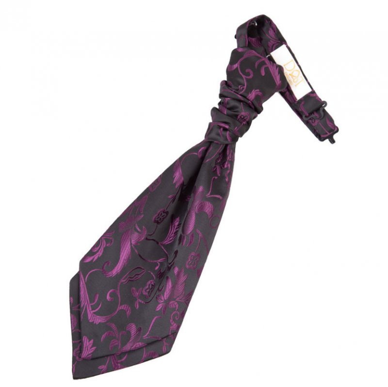 Image 1 of Black and Purple Boys Floral Microfibre Pre-tied Ruche Wedding Cravat Necktie 