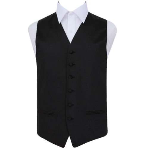 Image 1 of Black Mens Plain Satin Wedding Vest Waistcoat 