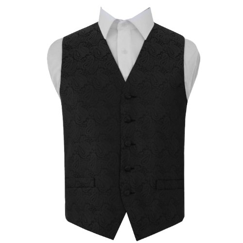 Image 1 of Black Mens Paisley Pattern Microfibre Wedding Vest Waistcoat 