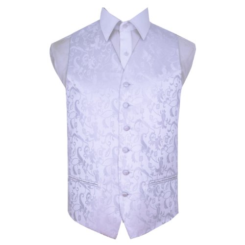 Image 1 of White Mens Floral Pattern Microfibre Wedding Vest Waistcoat 