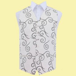 Black Mens Scroll Pattern Microfibre Wedding Vest Waistcoat 