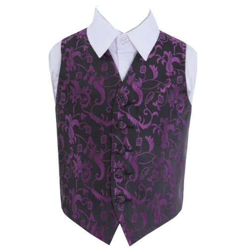 Image 1 of Black And Purple Boys Floral Pattern Microfibre Wedding Vest Waistcoat 