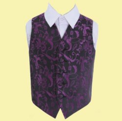 Black And Purple Boys Floral Pattern Microfibre Wedding Vest Waistcoat 