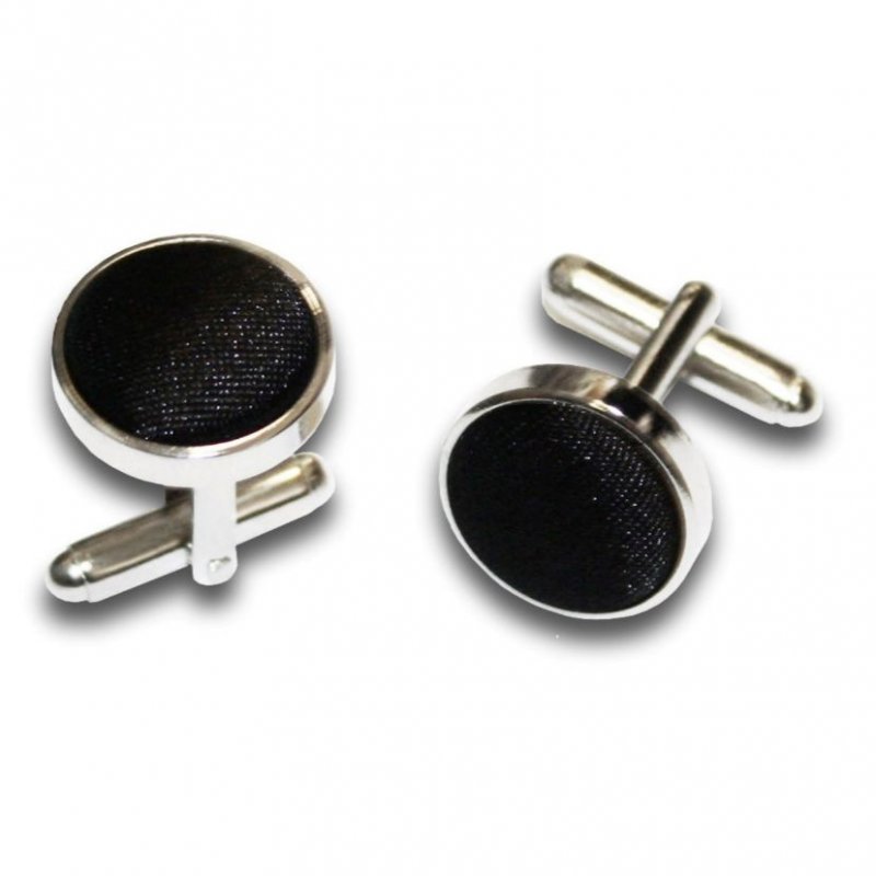 Image 1 of Black Plain Satin Inlay Round Wedding Mens Cufflinks Five Sets