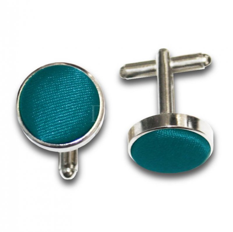 Image 1 of Teal Green Plain Satin Inlay Round Wedding Mens Cufflinks Five Sets