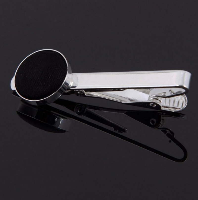 Image 1 of Black Plain Satin Inlay Round Wedding Mens Tie Clip Set Of Two