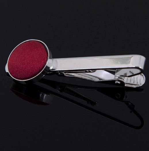 Image 0 of Burgundy Plain Satin Inlay Round Wedding Mens Tie Clip Set Of Two