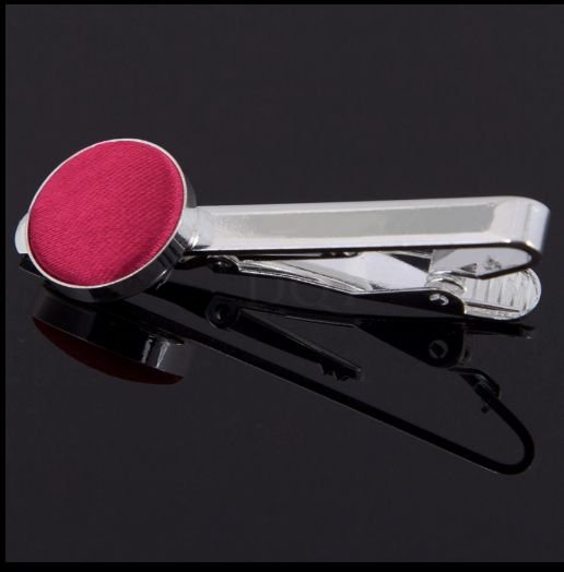 Image 0 of Crimson Red Plain Satin Inlay Round Wedding Mens Tie Clip Set Of Two