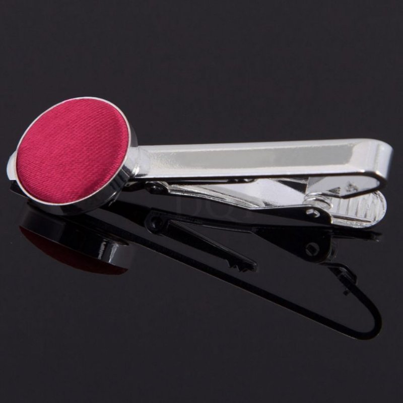 Image 1 of Crimson Red Plain Satin Inlay Round Wedding Mens Tie Clip Set Of Two