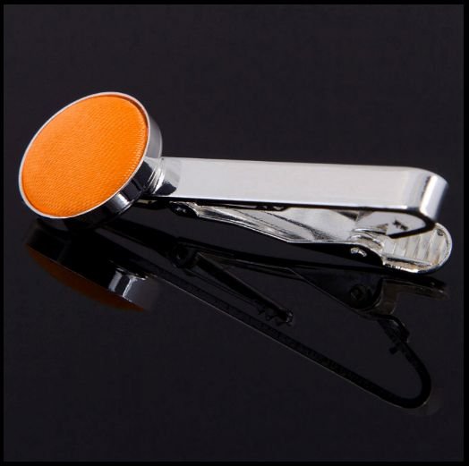 Image 0 of Fluorescent Orange Plain Satin Inlay Round Wedding Mens Tie Clip Set Of Two