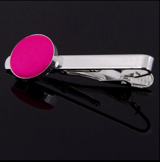 Image 0 of Hot Pink Plain Satin Inlay Round Wedding Mens Tie Clip Set Of Two