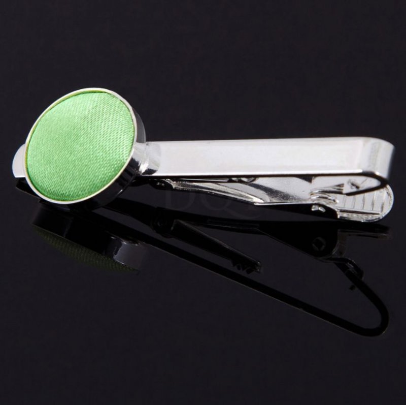 Image 1 of Lime Green Plain Satin Inlay Round Wedding Mens Tie Clip Set Of Two