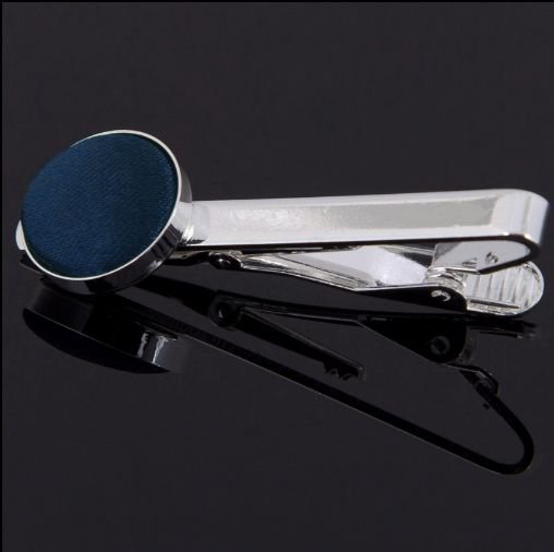 Image 0 of Navy Blue Plain Satin Inlay Round Wedding Mens Tie Clip Set Of Two