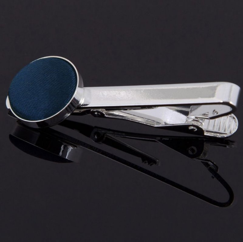 Image 1 of Navy Blue Plain Satin Inlay Round Wedding Mens Tie Clip Set Of Two