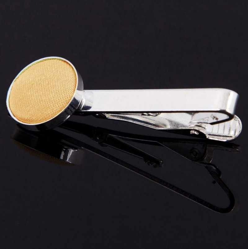 Image 1 of Pale Yellow Plain Satin Inlay Round Wedding Mens Tie Clip Set Of Two
