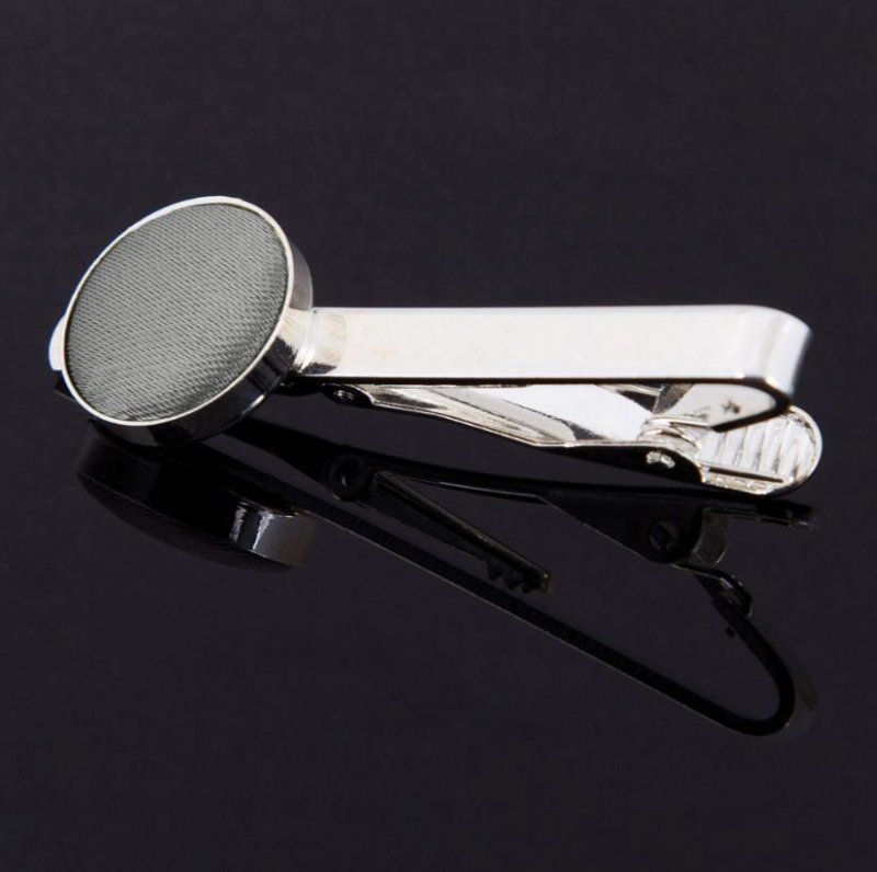 Image 1 of Platinum Grey Plain Satin Inlay Round Wedding Mens Tie Clip Set Of Two