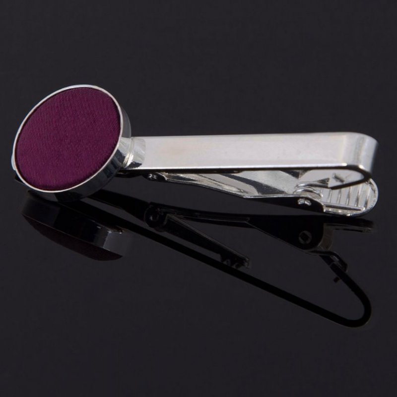 Image 1 of Plum Plain Satin Inlay Round Wedding Mens Tie Clip Set Of Two