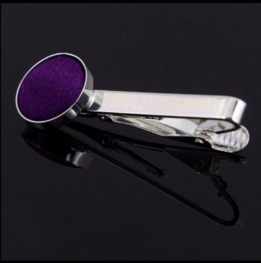 Image 0 of Purple Plain Satin Inlay Round Wedding Mens Tie Clip Set Of Two