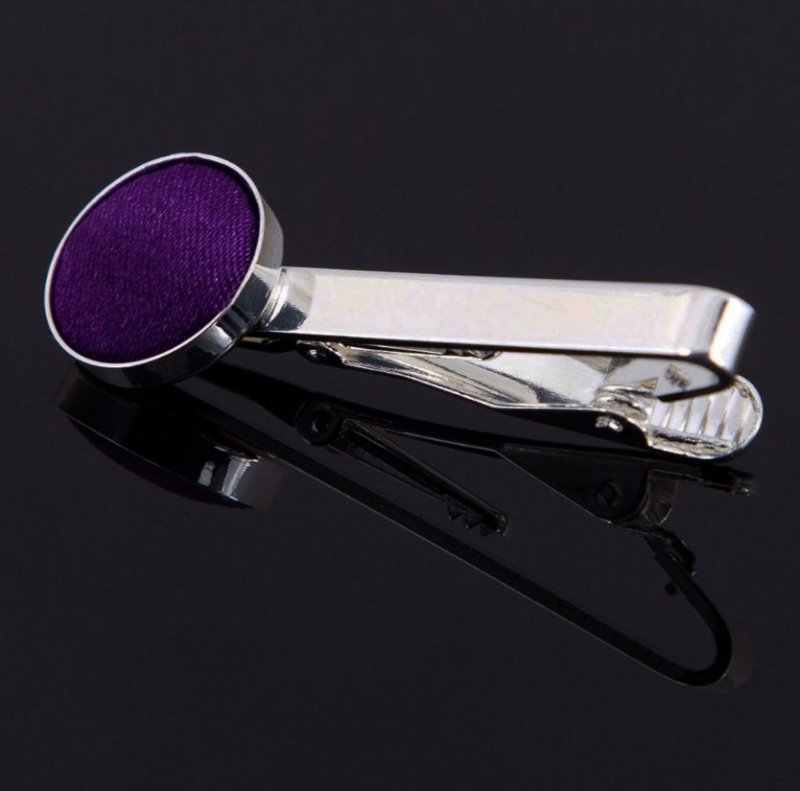 Image 1 of Purple Plain Satin Inlay Round Wedding Mens Tie Clip Set Of Two