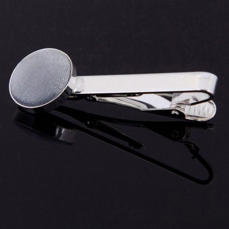 Image 1 of Silver Grey Plain Satin Inlay Round Wedding Mens Tie Clip Set Of Two