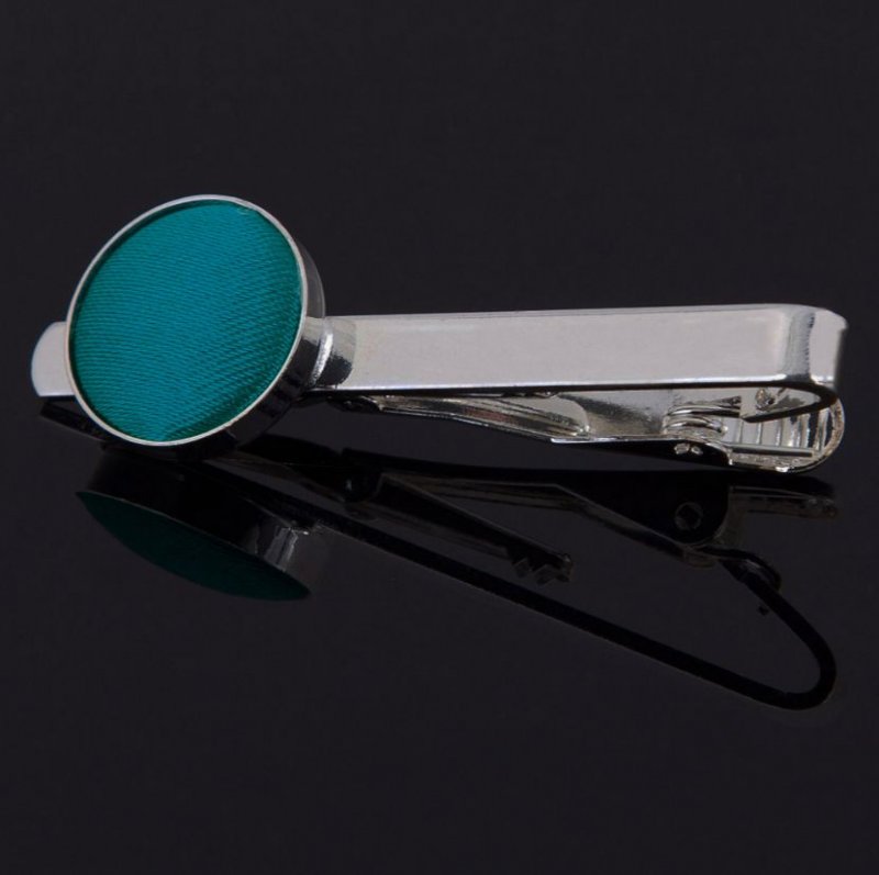 Image 1 of Teal Green Plain Satin Inlay Round Wedding Mens Tie Clip Set Of Two