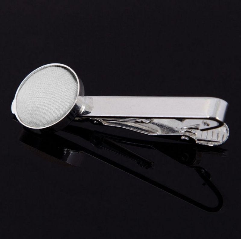 Image 1 of White Plain Satin Inlay Round Wedding Mens Tie Clip Set Of Two