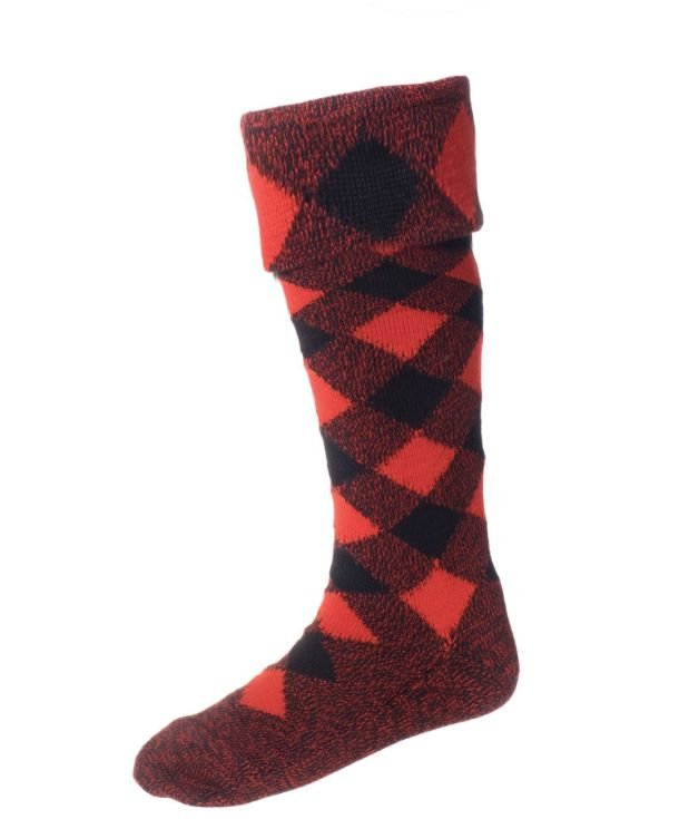 Image 1 of Regimental Red Black Wool Diced Full Length Mens Kilt Hose Highland Socks