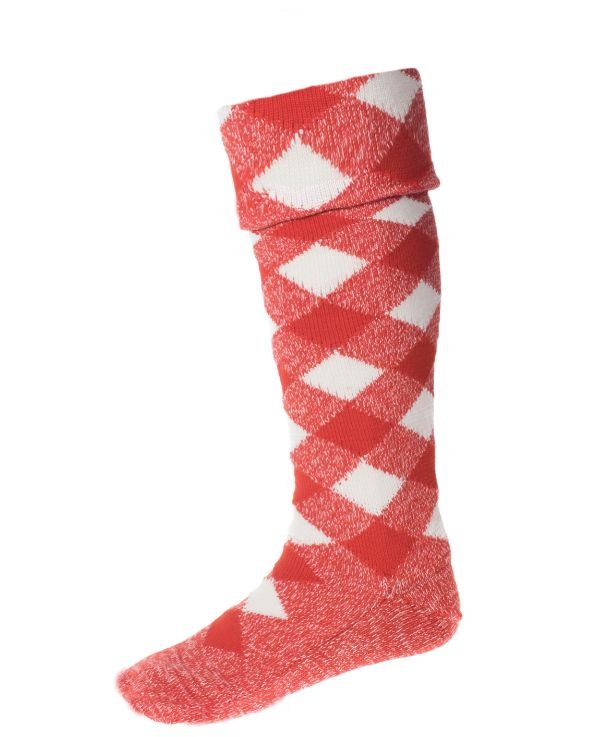 Image 1 of Regimental Red White Wool Diced Full Length Mens Kilt Hose Highland Socks