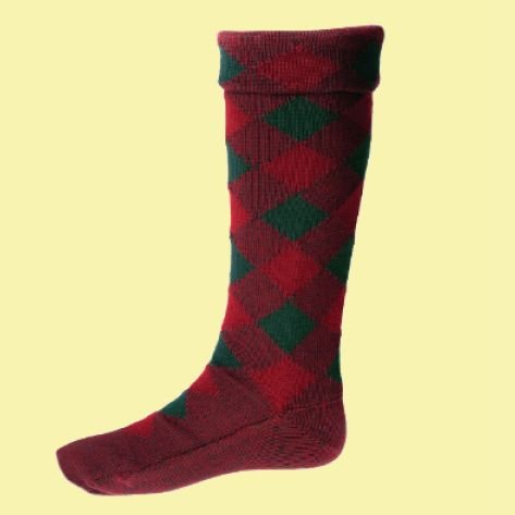Image 0 of Burgundy Tartan Green Diced Wool Full Length Mens Kilt Hose Highland Socks