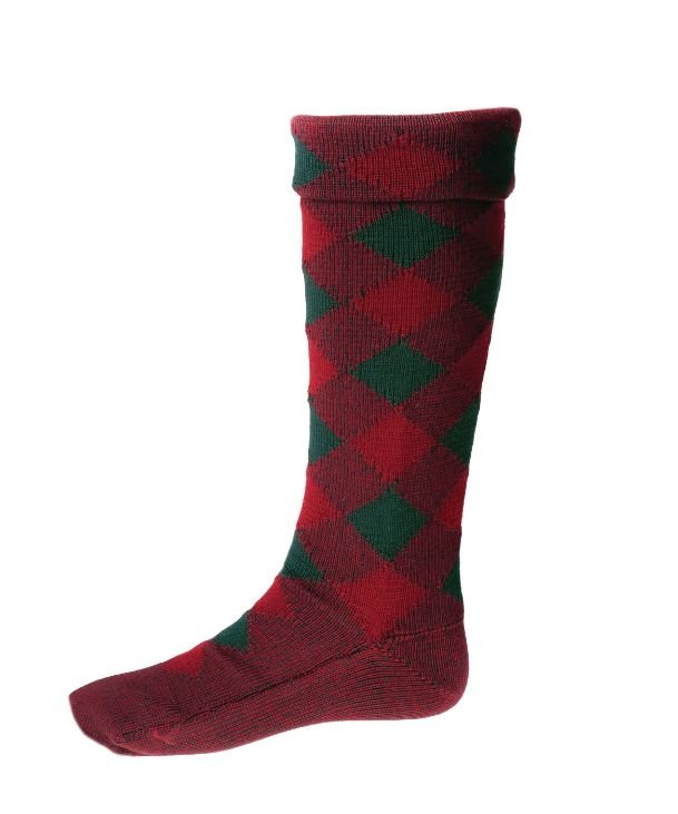 Image 1 of Burgundy Tartan Green Diced Wool Full Length Mens Kilt Hose Highland Socks