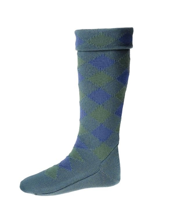 Image 1 of Ancient Blue Ancient Green Diced Wool Full Length Mens Kilt Hose Highland Socks