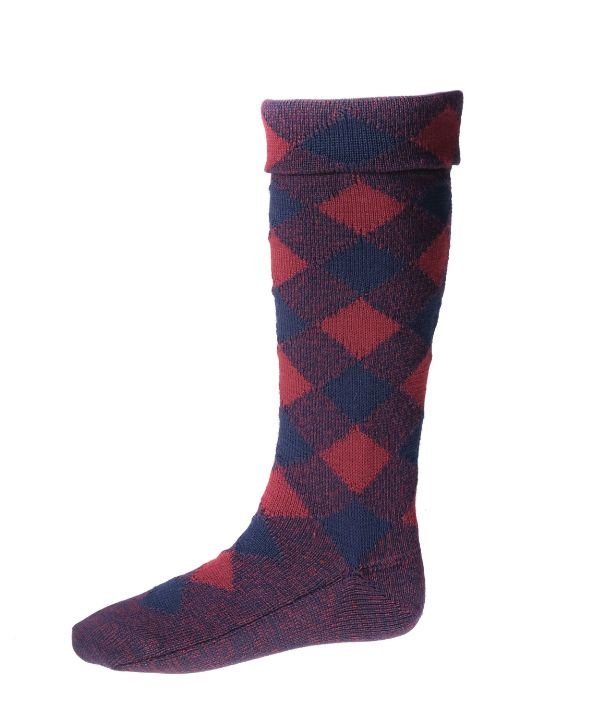 Image 1 of Navy And Burgundy Diced Wool Full Length Mens Kilt Hose Highland Socks