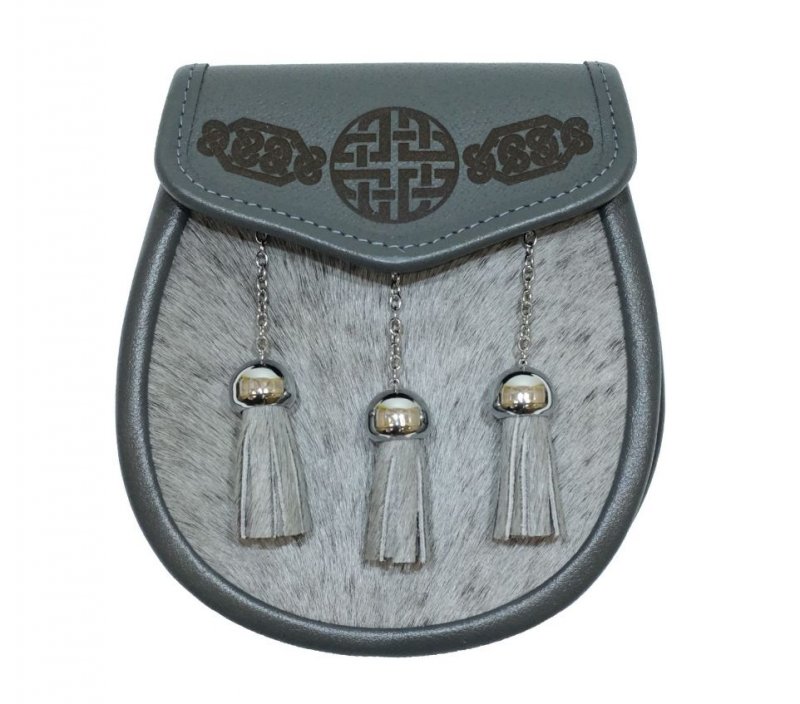 Image 1 of Celtic Knotwork Etched Bell Tassels Semi-Formal Leather Mens Sporran
