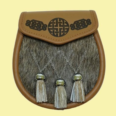 Image 0 of Celtic Knotwork Etched Crossed Bell Tassels Semi-Formal Leather Mens Sporran 