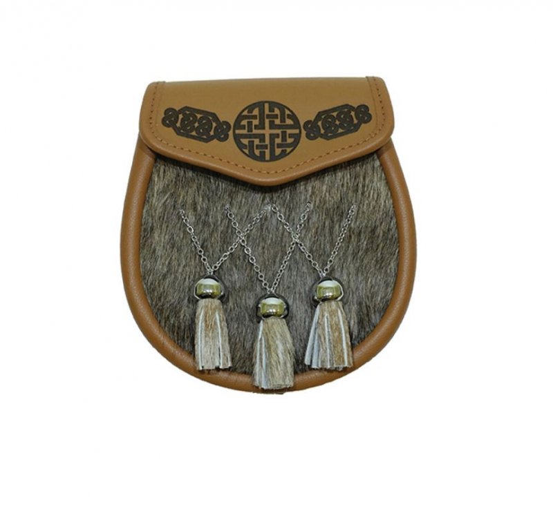 Image 1 of Celtic Knotwork Etched Crossed Bell Tassels Semi-Formal Leather Mens Sporran 