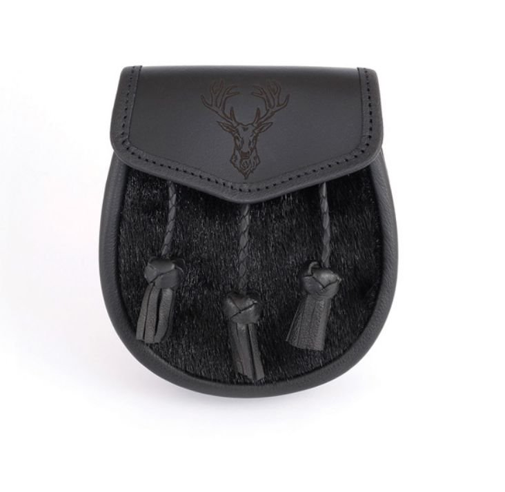 Image 1 of Stag Head Etched Pleated Tassels Semi-Formal Leather Mens Sporran 