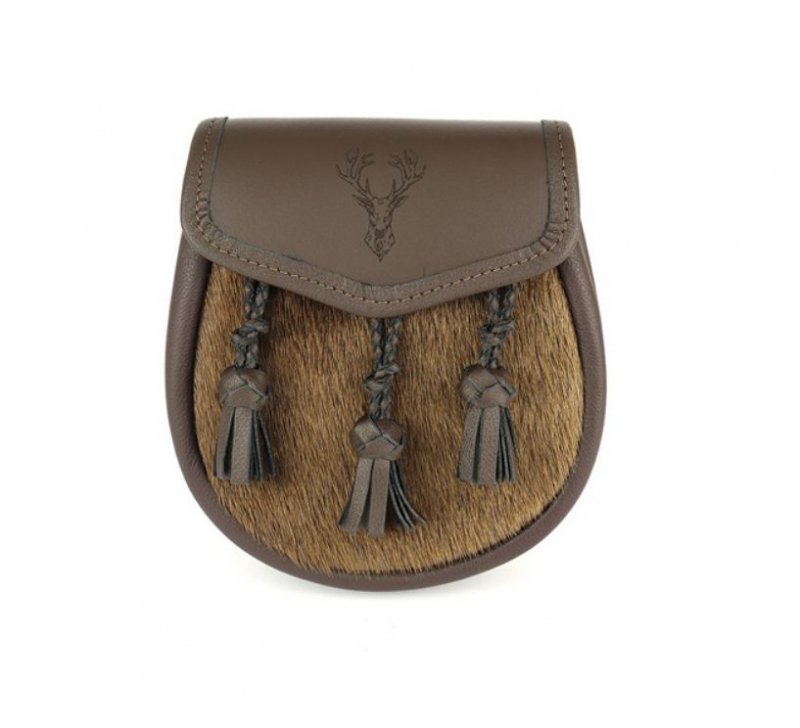 Image 1 of Stag Head Etched Knotted Pleated Tassels Semi-Formal Leather Mens Sporran 