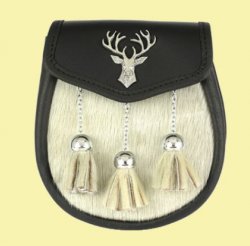 Sporting Stag Head Straight Chain Ball Tassels Semi-Formal Leather Mens Sporran 