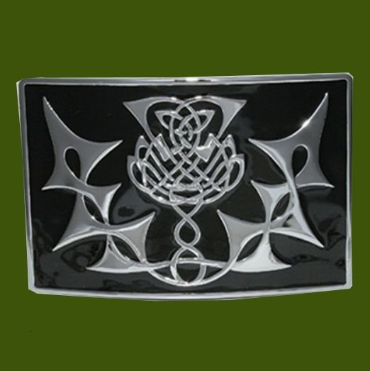 Image 0 of Highland Thistle Black Enamel Chrome Mens Stylish Pewter Kilt Belt Buckle