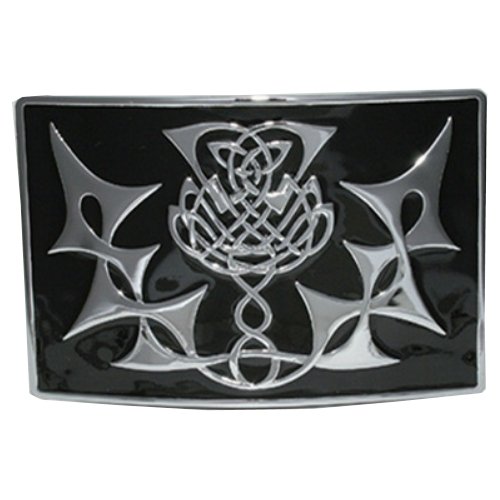 Image 1 of Highland Thistle Black Enamel Chrome Mens Stylish Pewter Kilt Belt Buckle