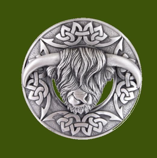 Highland Coo Celtic Round Open Antique Finish Stylish Pewter